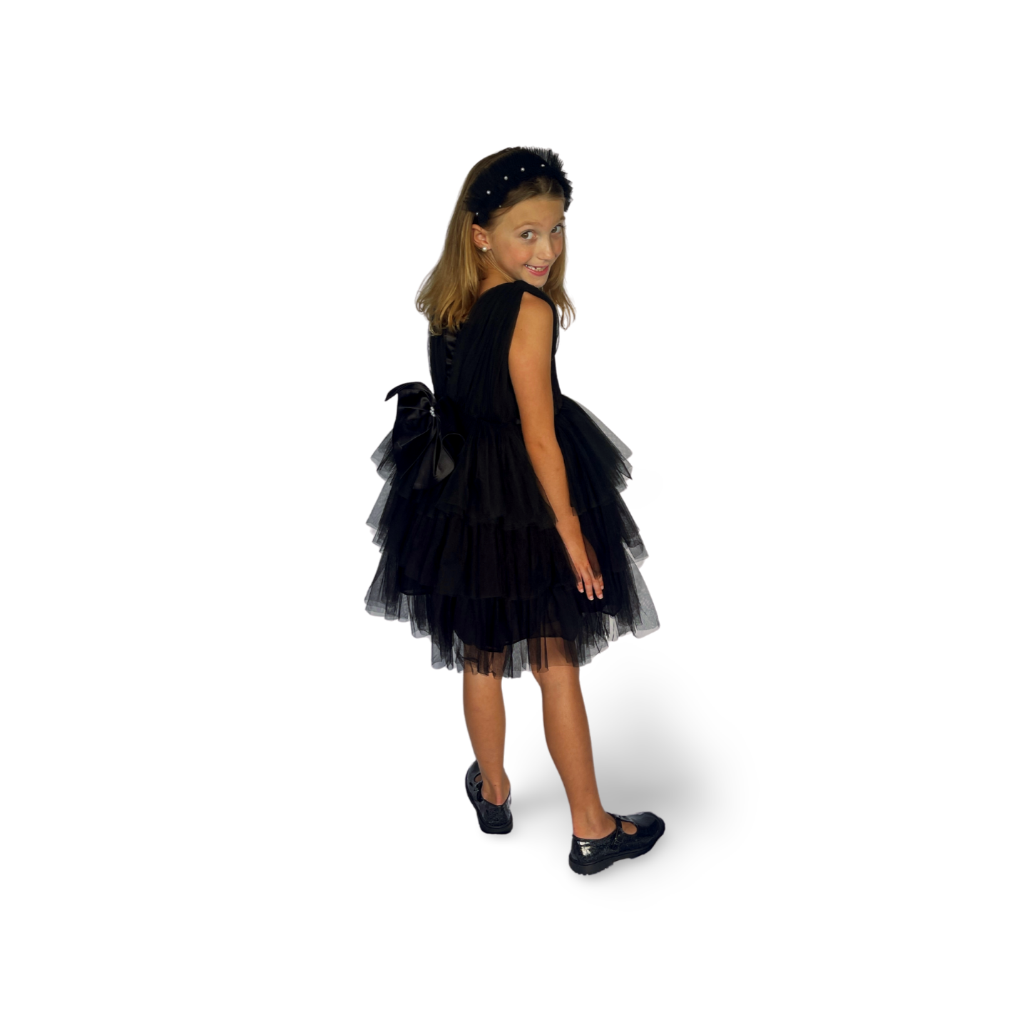 Black Satin Puff Mesh Dress - Mila Raine