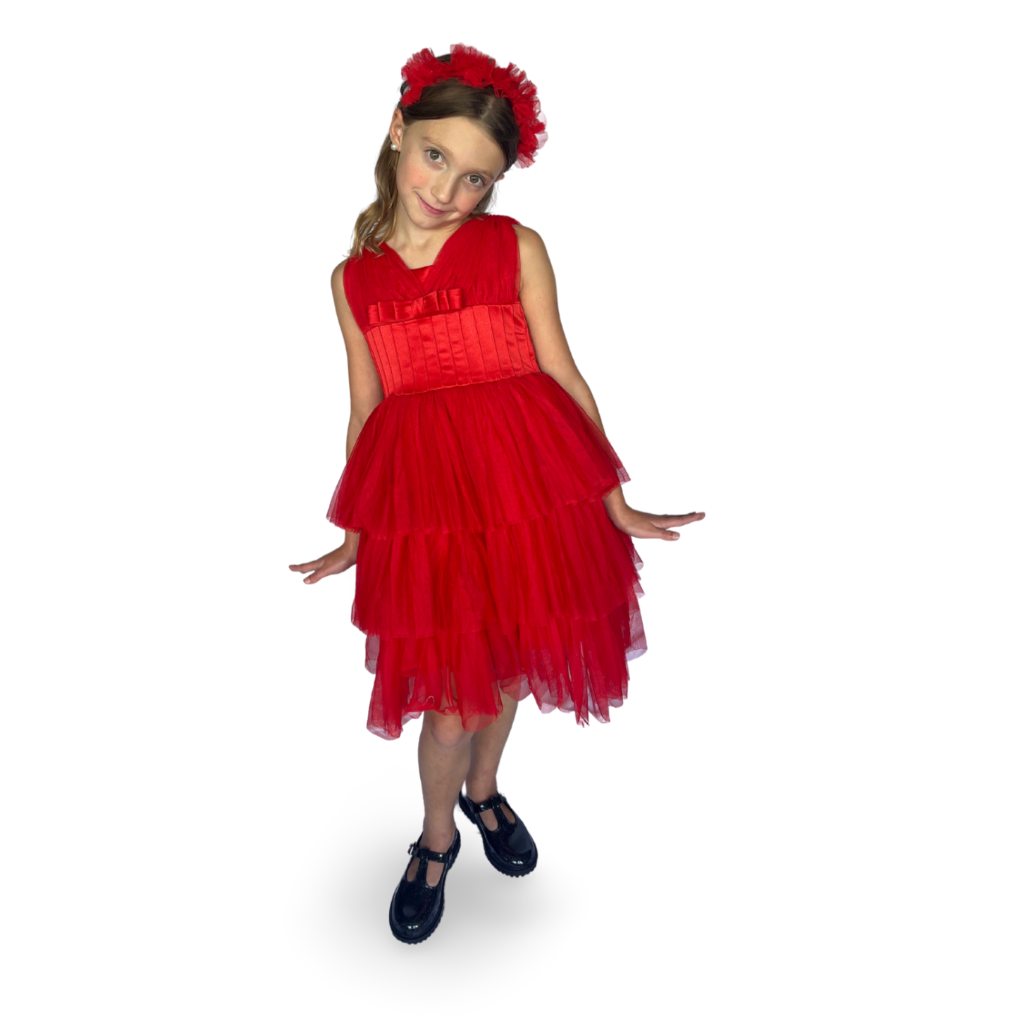 Red Satin Puff Mesh Dress - Mila Raine