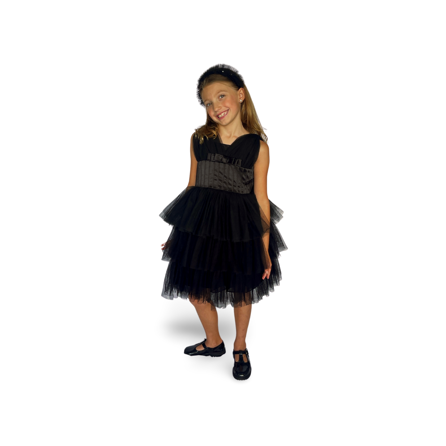 Black Satin Puff Mesh Dress - Mila Raine