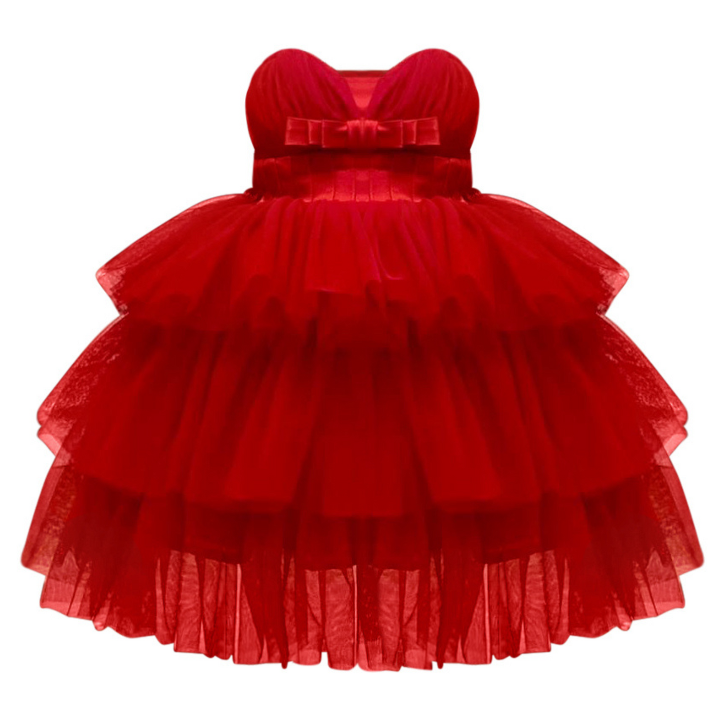 Red Satin Puff Mesh Dress - Mila Raine