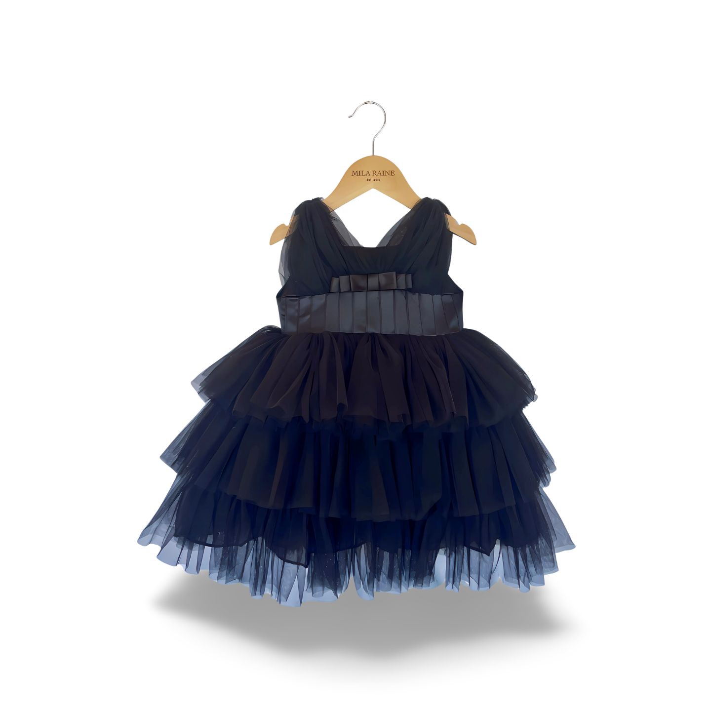 Black Satin Puff Mesh Dress - Mila Raine
