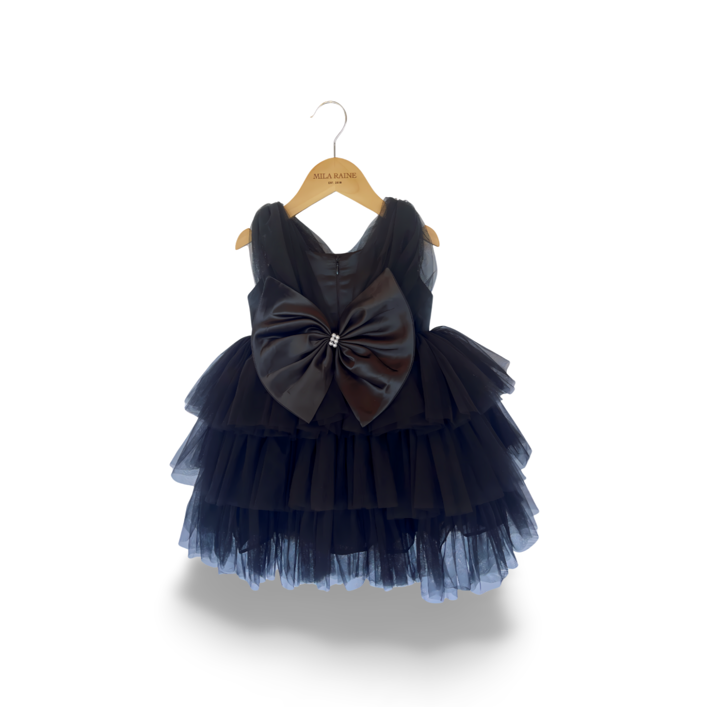 Black Satin Puff Mesh Dress - Mila Raine