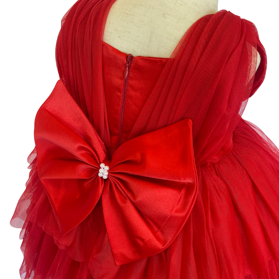 Red Satin Puff Mesh Dress - Mila Raine - #tag1# - #tag3# - #tag2# - #tag4#