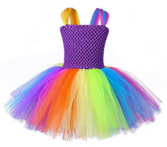 Rainbow tulle party dress with purple mesh 