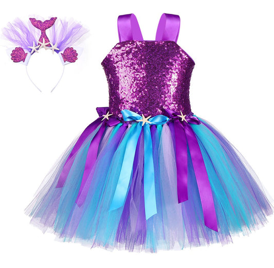 Purple Mermaid Sequence Tulle Dress with Crown