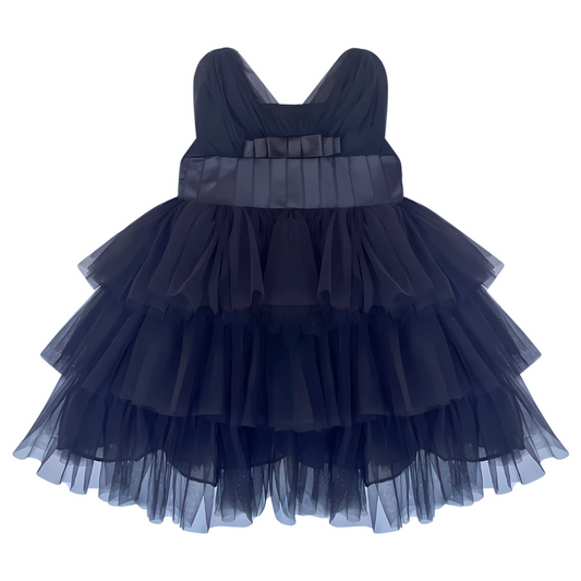 Black Satin Puff Mesh Dress - Mila Raine 