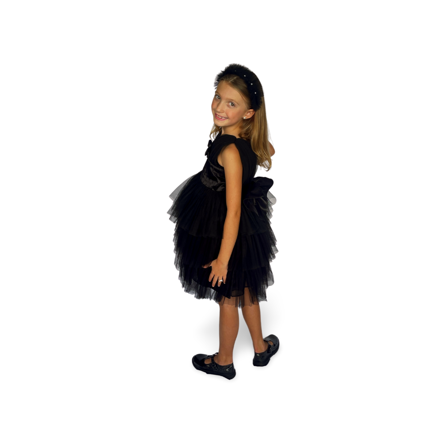 Black Satin Puff Mesh Dress - Mila Raine 