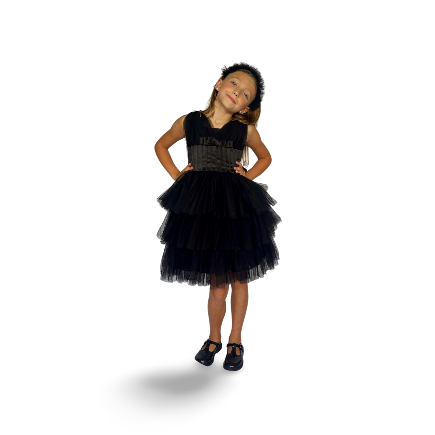 Black Satin Puff Mesh Dress - Mila Raine 