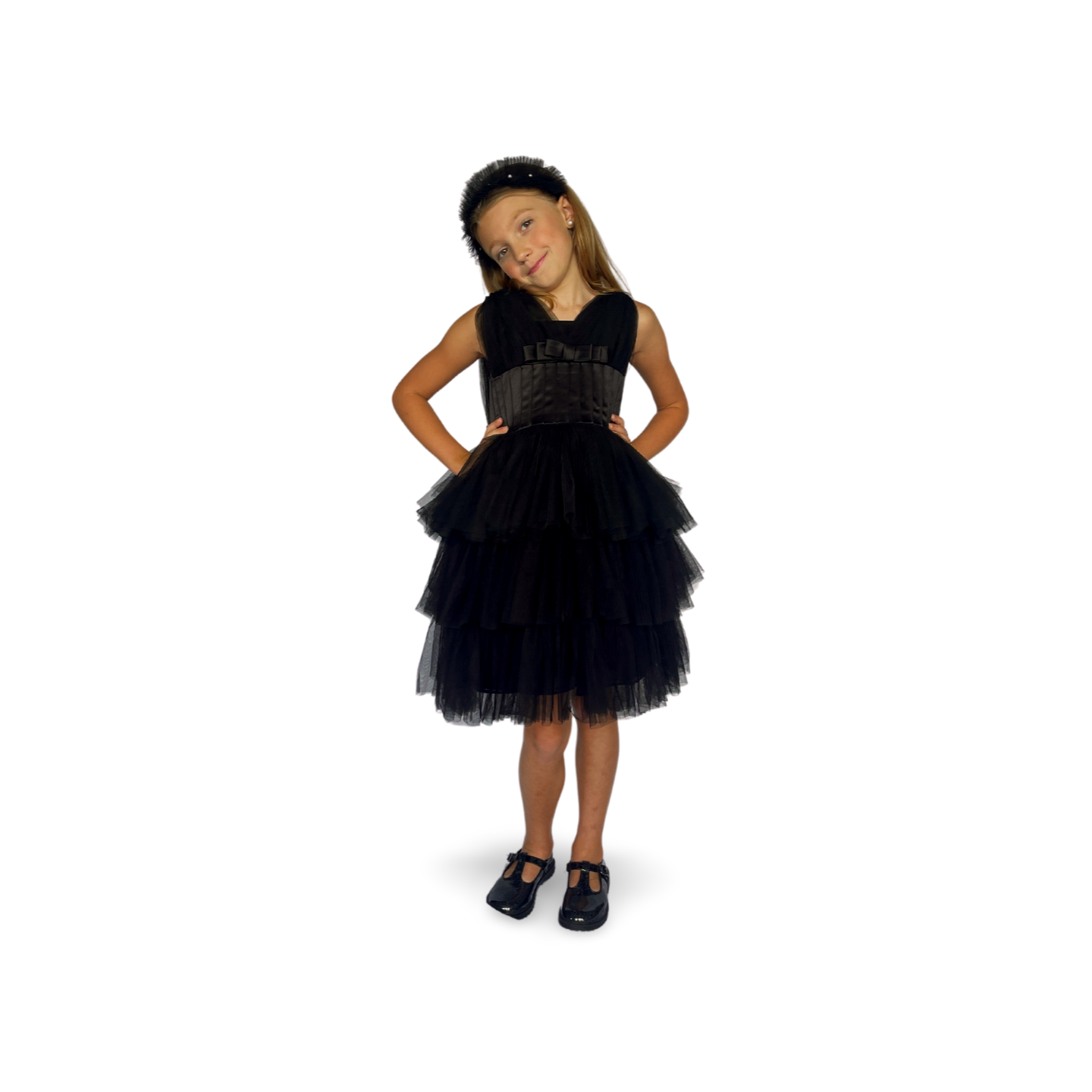 Black Satin Puff Mesh Dress - Mila Raine 