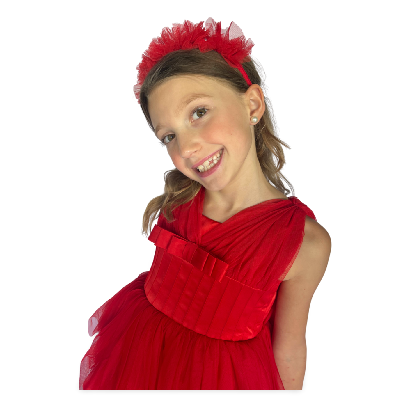 Red Satin Puff Mesh Dress - Mila Raine 