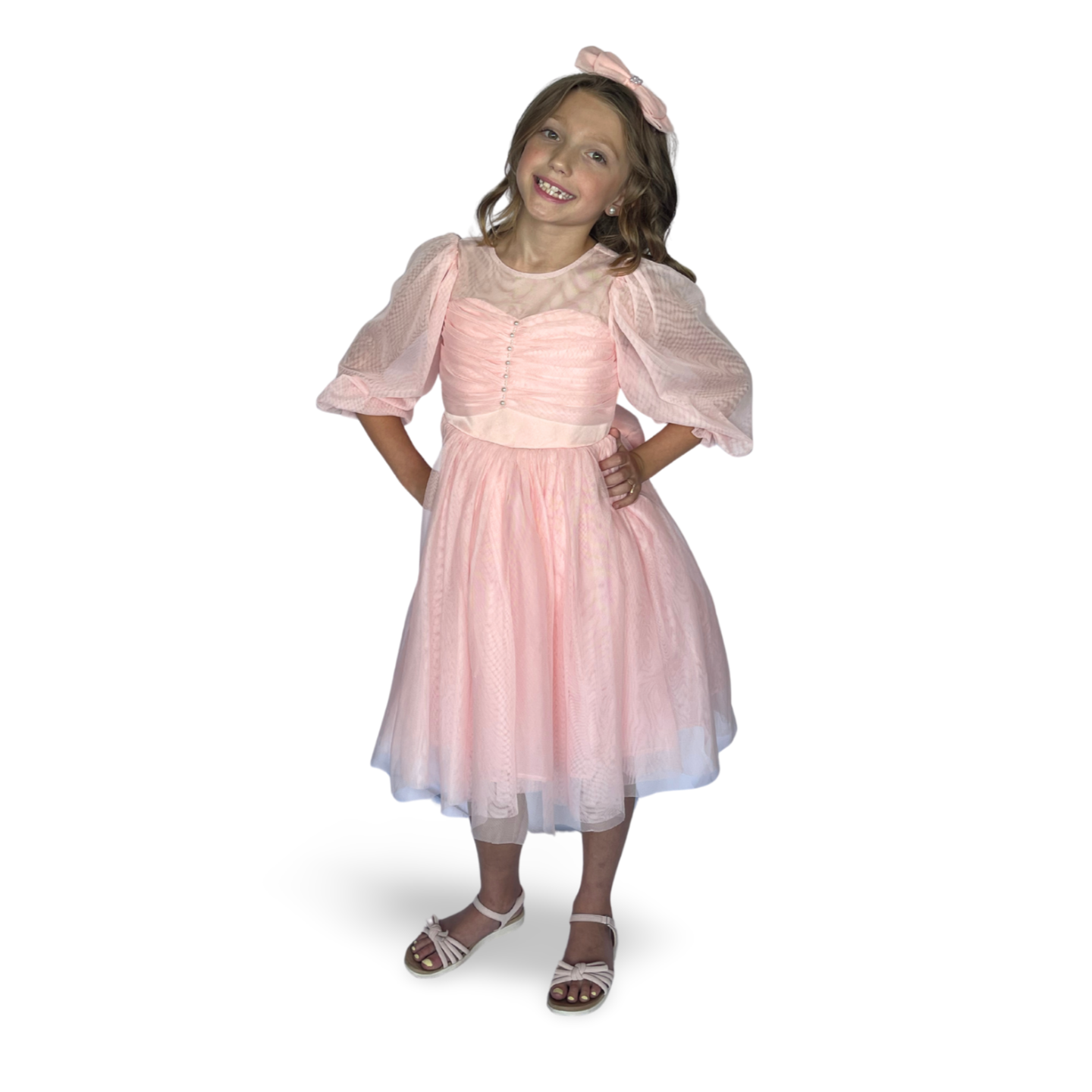 Elegant Pastel Pink Sheer Sleeve Dress - Mila Raine 