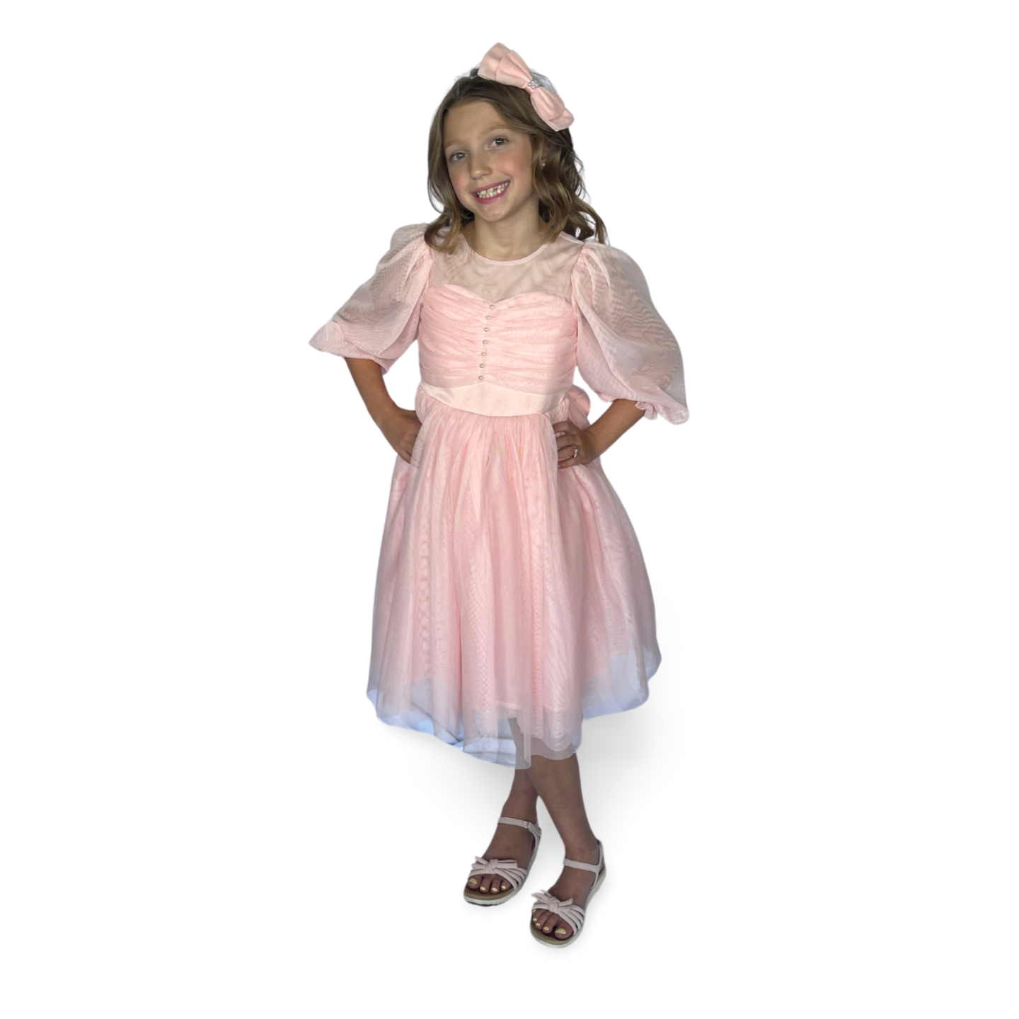 Elegant Pastel Pink Sheer Sleeve Dress - Mila Raine 