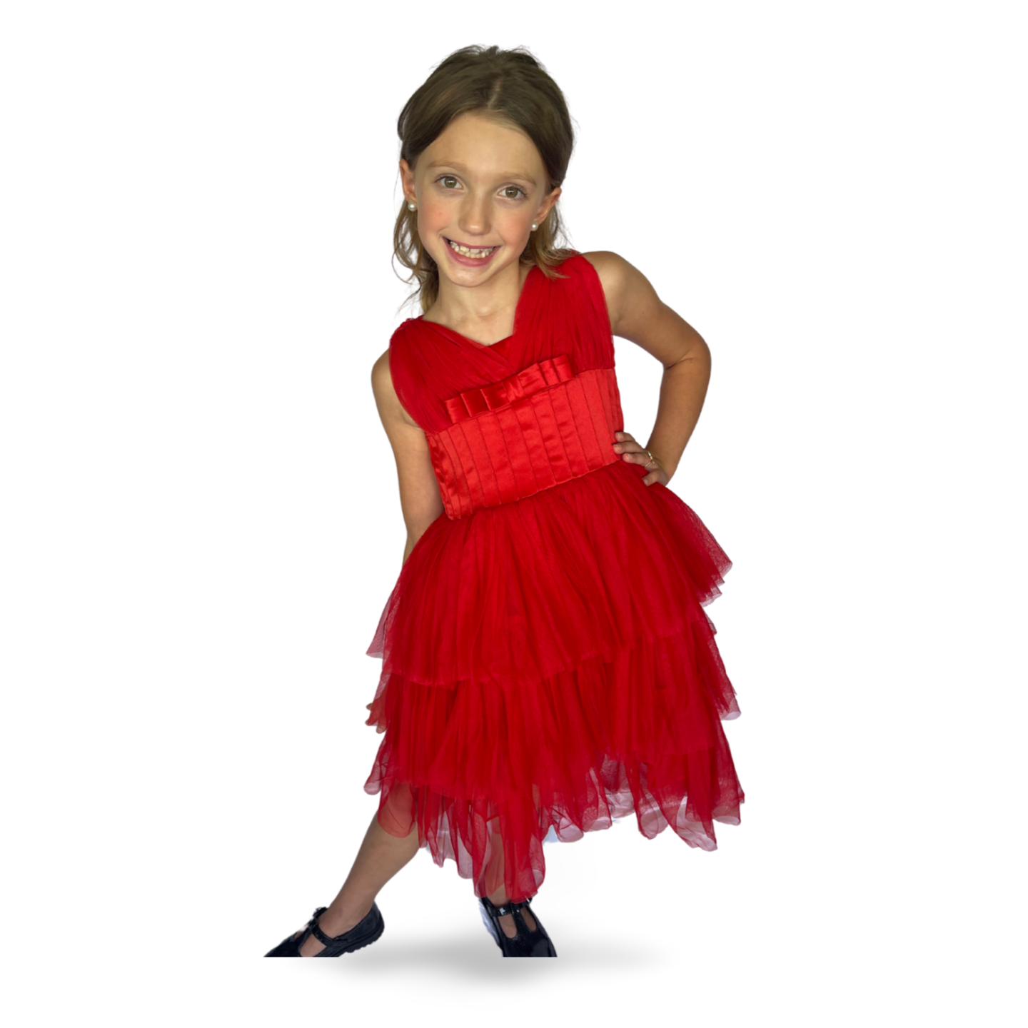 Red Satin Puff Mesh Dress - Mila Raine 