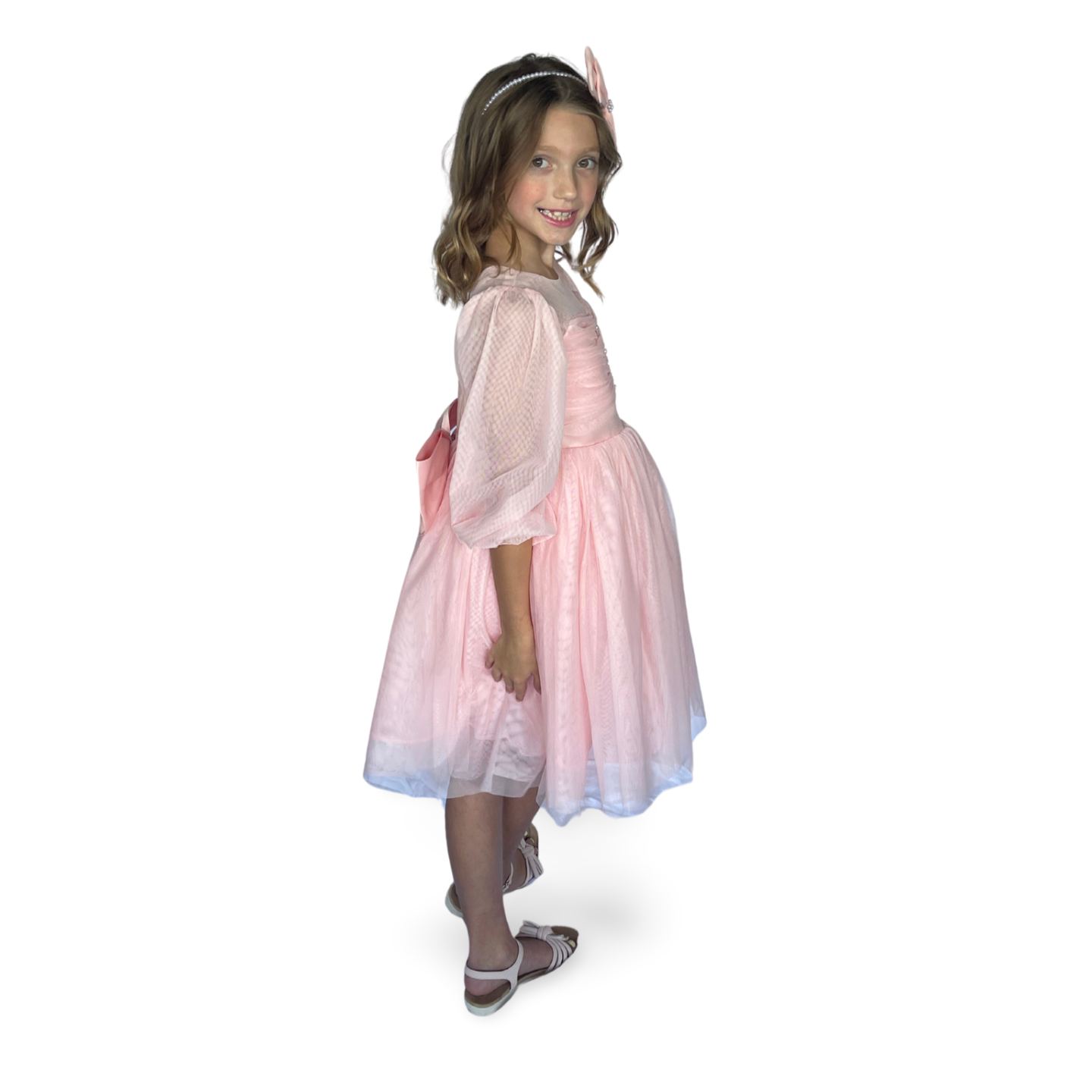 Elegant Pastel Pink Sheer Sleeve Dress - Mila Raine 