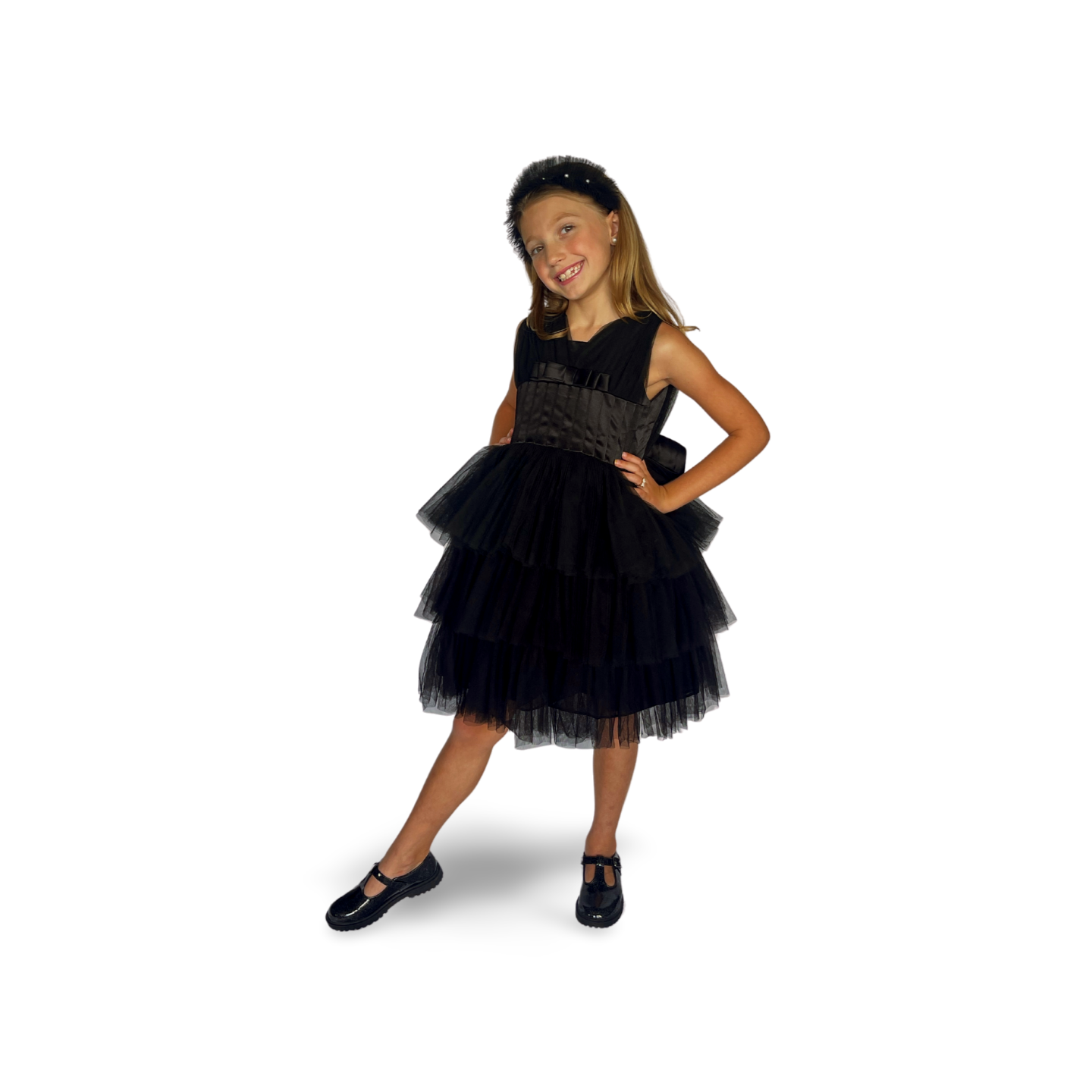 Black Satin Puff Mesh Dress - Mila Raine 