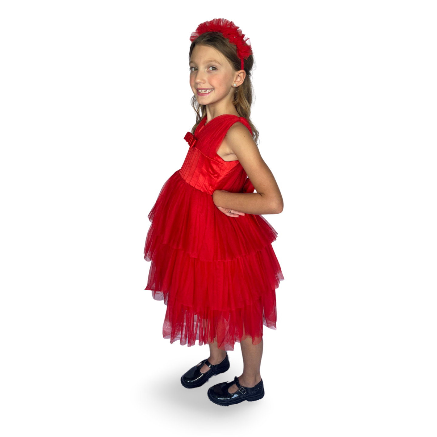 Red Satin Puff Mesh Dress - Mila Raine 