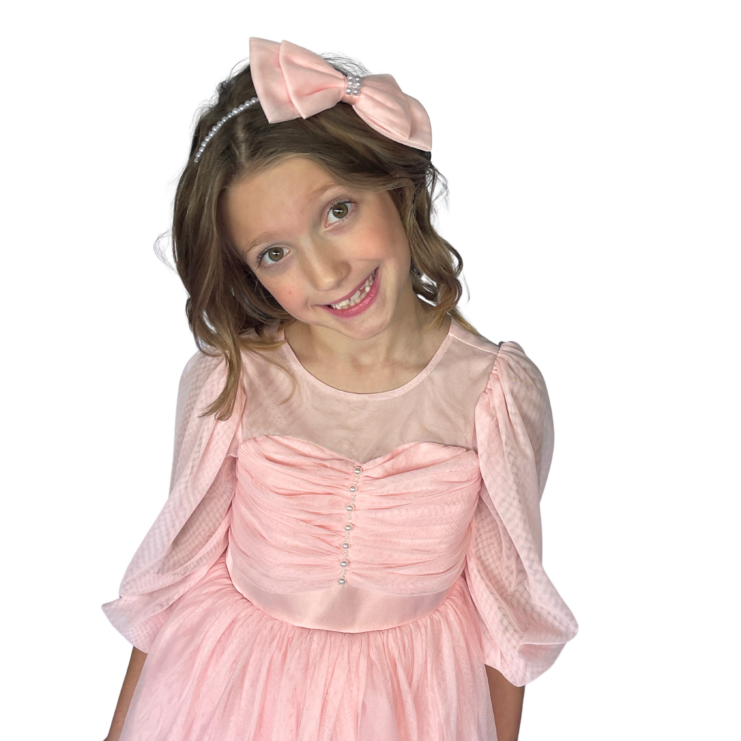 Elegant Pastel Pink Sheer Sleeve Dress - Mila Raine 