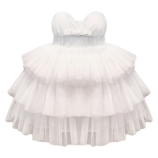 White Satin Puff Mesh Dress - Mila Raine 