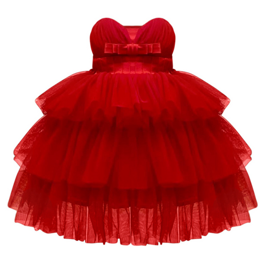 Red Satin Puff Mesh Dress - Mila Raine 
