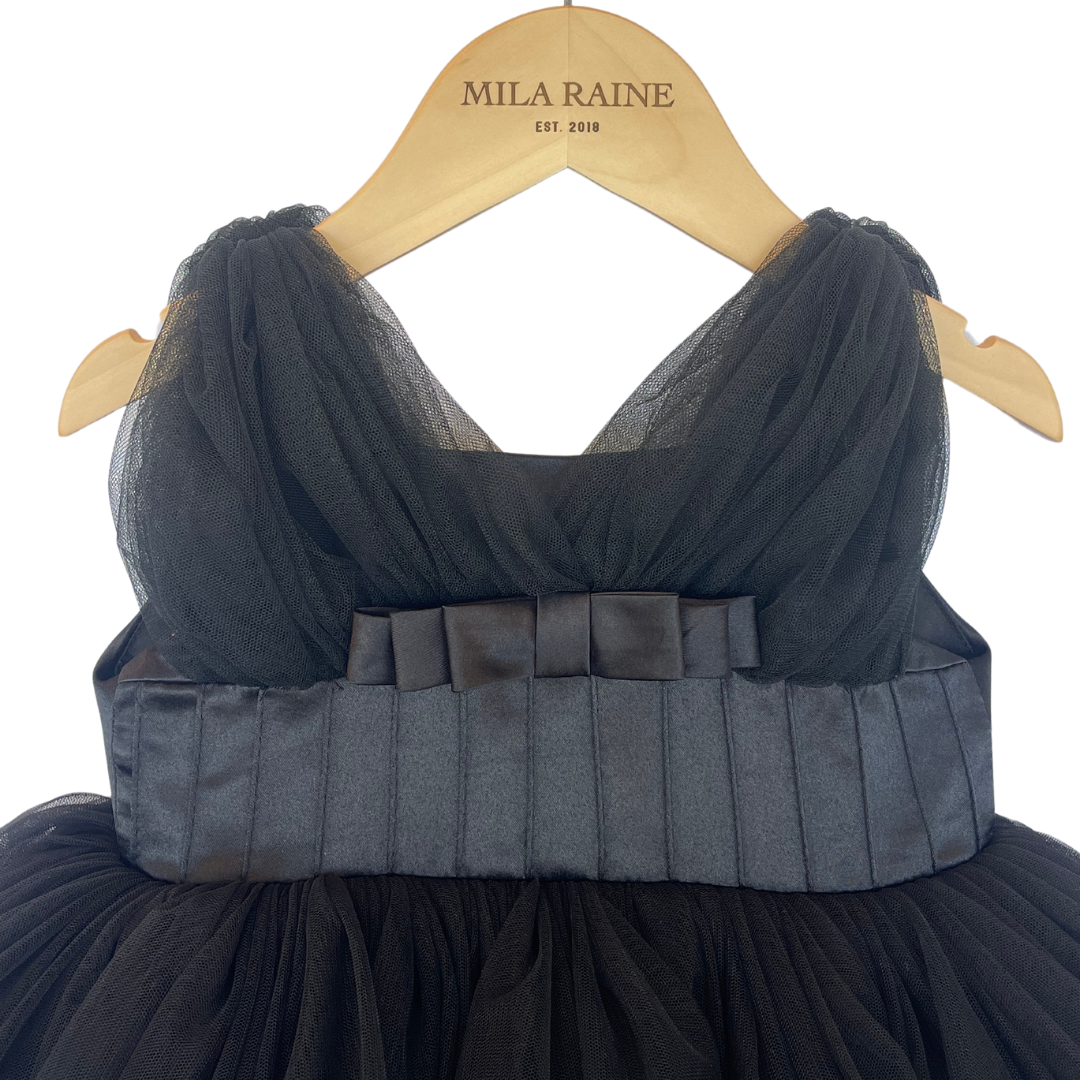 Black Satin Puff Mesh Dress - Mila Raine  - #tag1# - #tag3# - #tag2# - #tag4#
