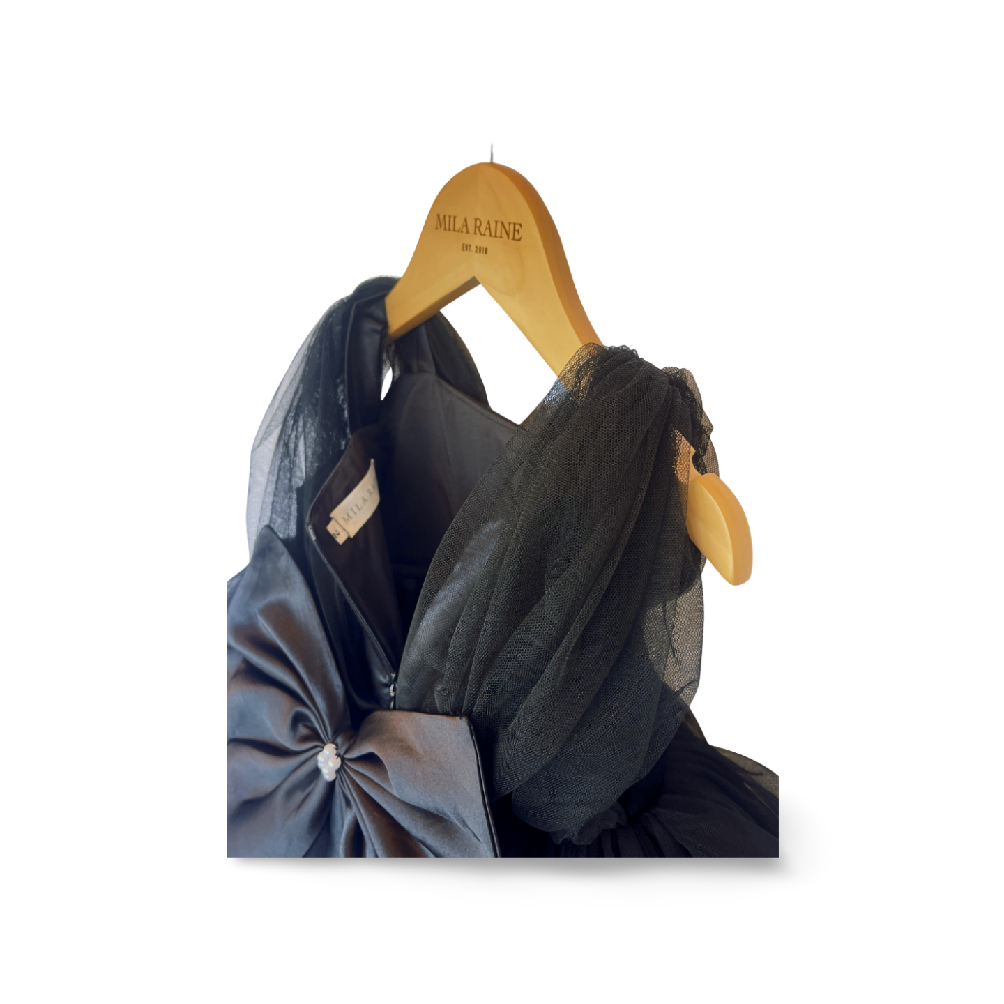 Black Satin Puff Mesh Dress - Mila Raine 