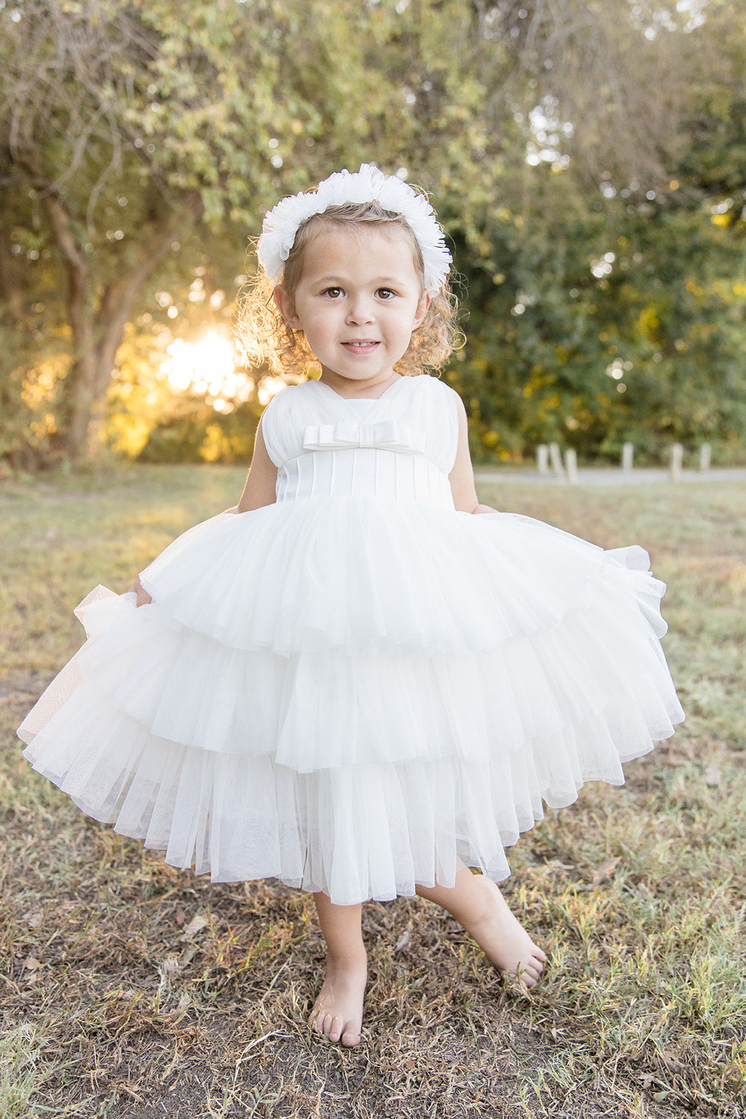 White Satin Puff Mesh Dress - Mila Raine 