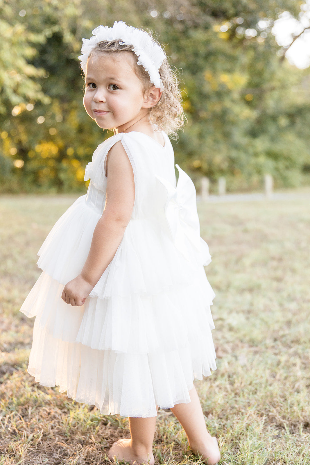 White Satin Puff Mesh Dress - Mila Raine 
