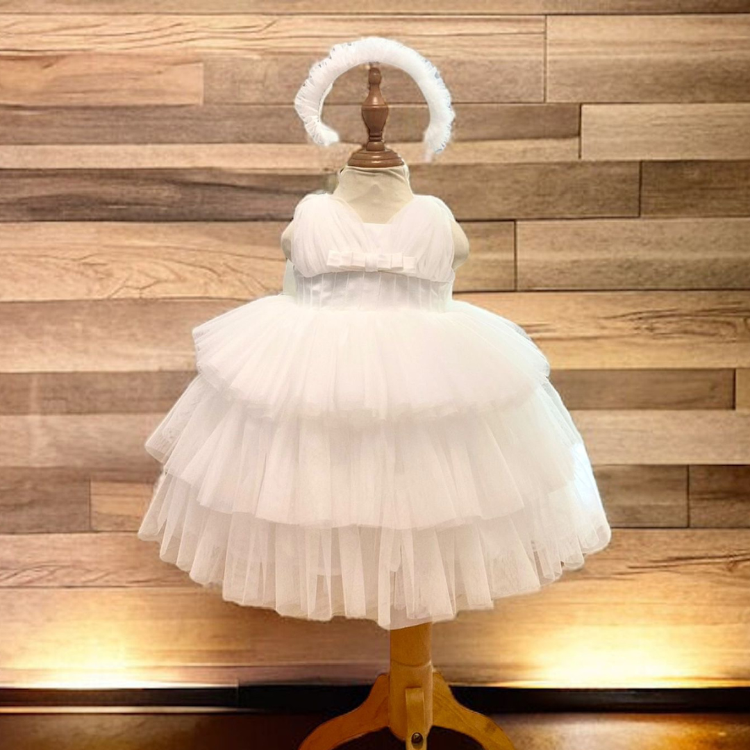 White Satin Puff Mesh Dress - Mila Raine  - #tag1# - #tag3# - #tag2# - #tag4#